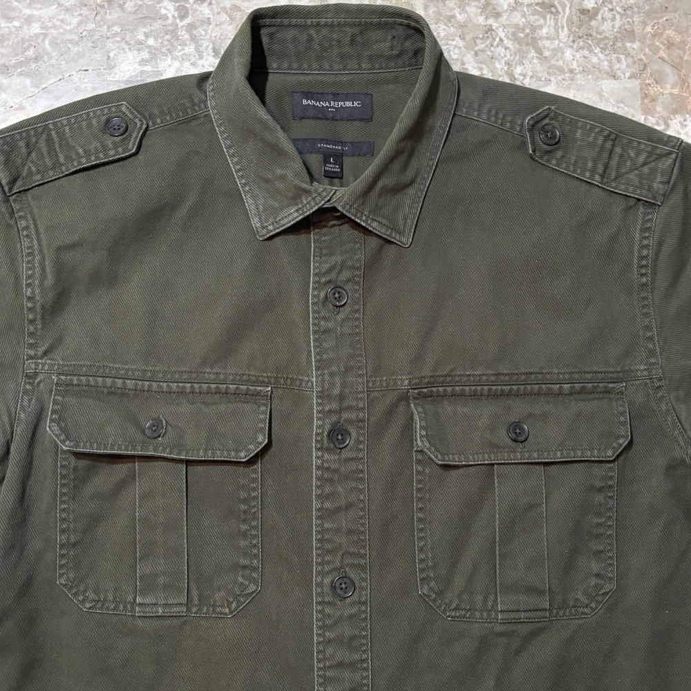 Banana Republic Shirt Mens Large Green Short Sleeve Officers Safari Thick Cotton